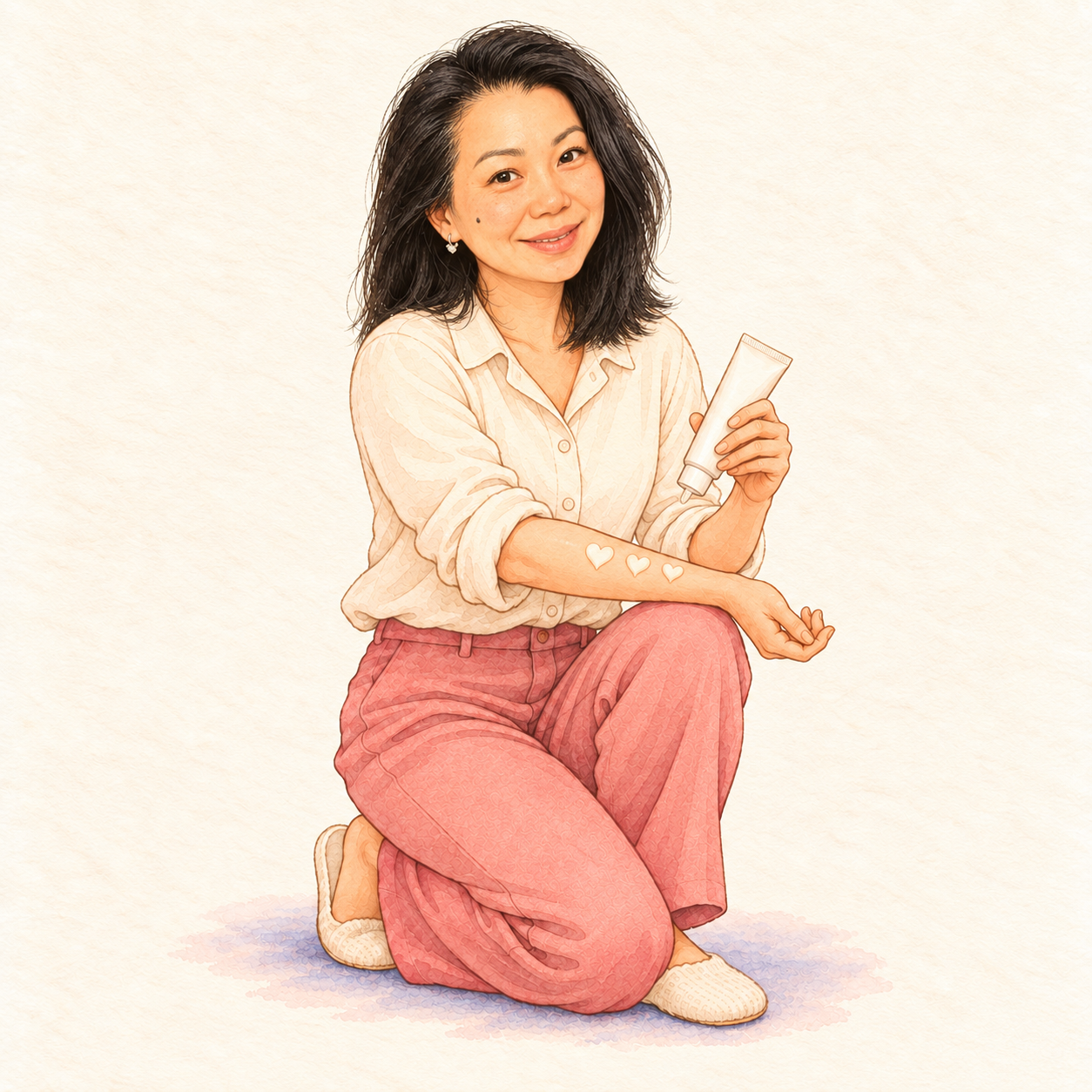 Mum kneeling with a lotion bottle, drawing hearts on her arm