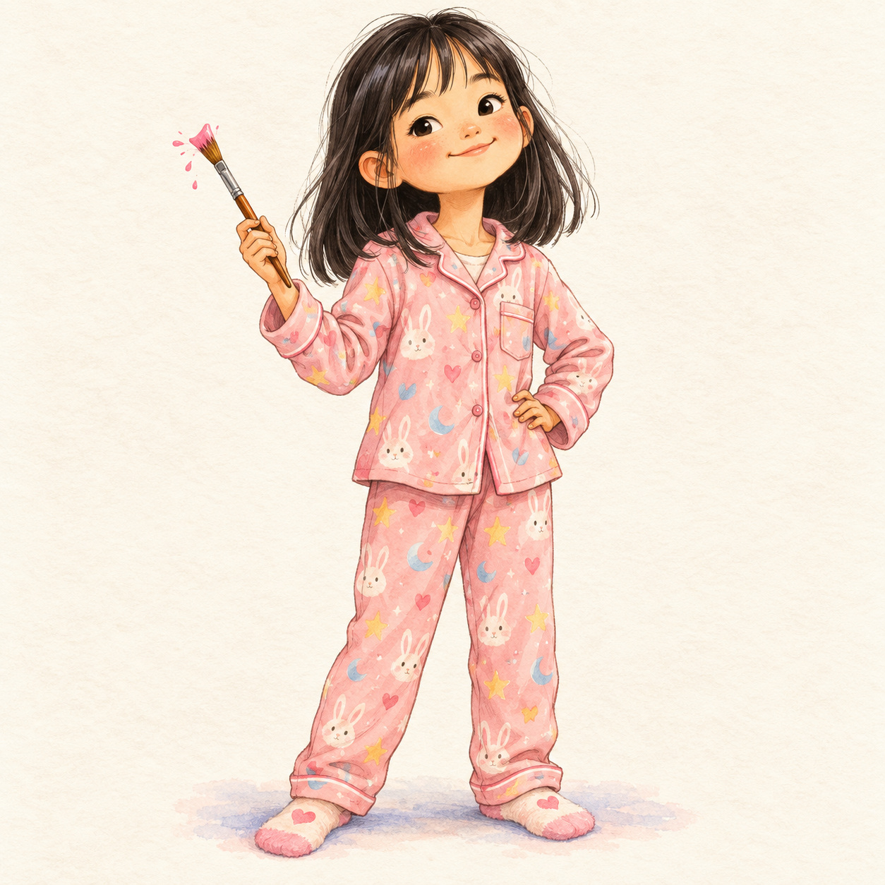 Emmeline, a girl in pink bunny pyjamas holding a paintbrush, smiling