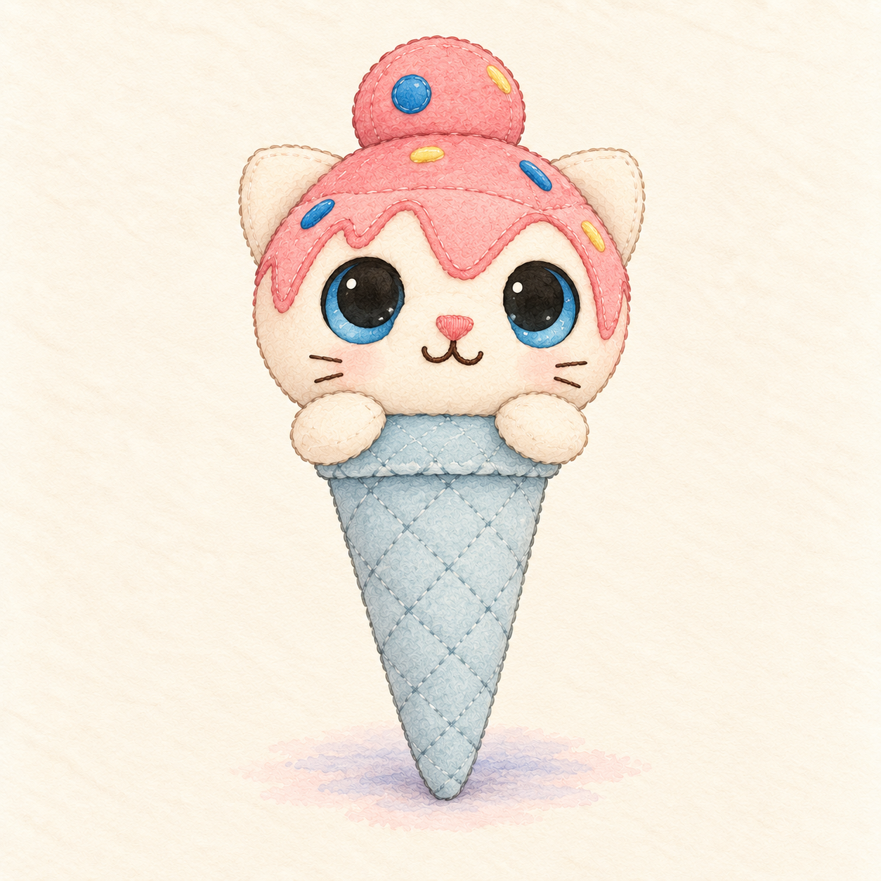 Chip, a plush cat peeking out of a blue ice-cream cone with a pink scoop on its head