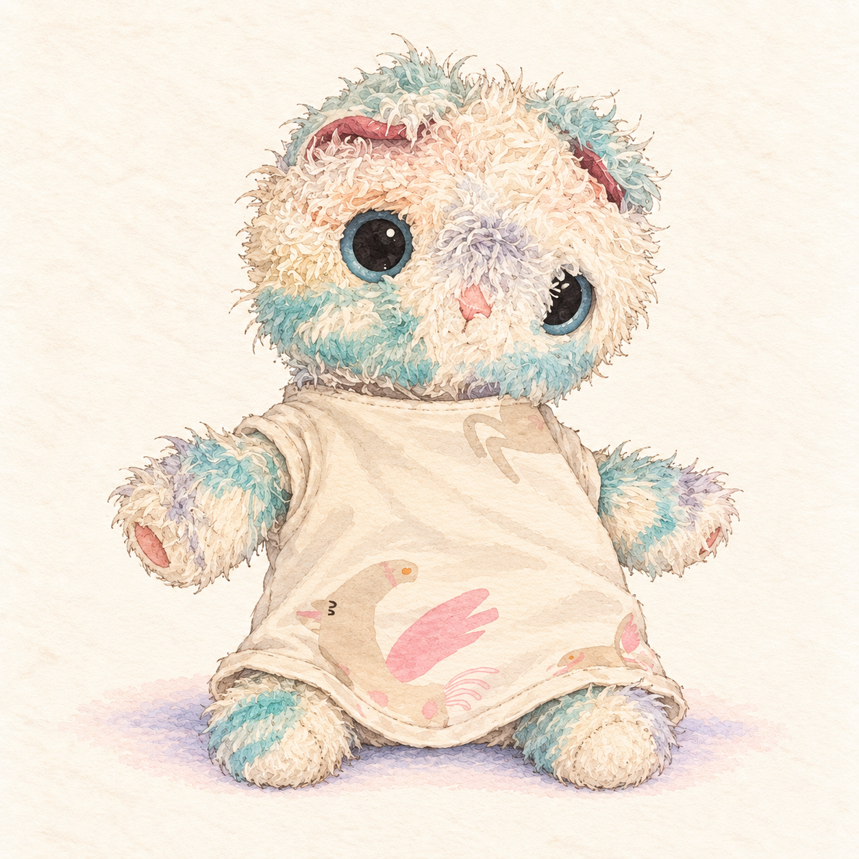 Scruffy, a well-loved shaggy plush cat in a soft nightshirt