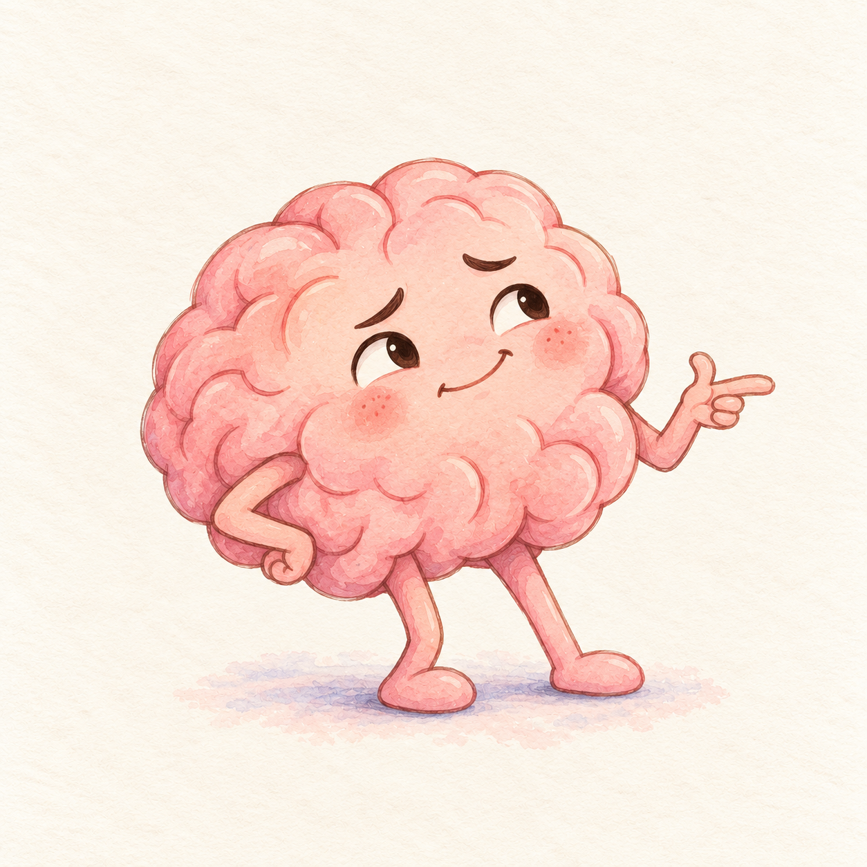 The Lazy Brain, a pink watercolour brain character pointing cheekily